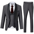 Load image into Gallery viewer, Dark grey shawl collar 3 piece men's suit with blazer, vest, and trousers – modern formal wear
