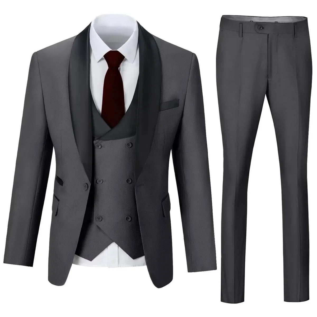 Dark grey shawl collar 3 piece men's suit with blazer, vest, and trousers – modern formal wear