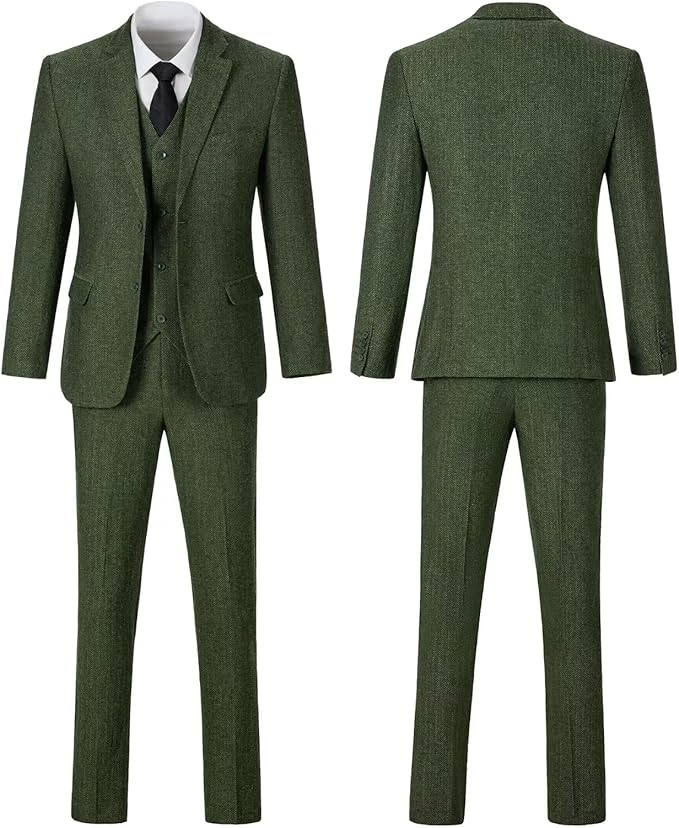 Retro Tweed Herringbone Slim Fit Notch Lapel Tuxedos Set Prom 3 Piece Men's Suit