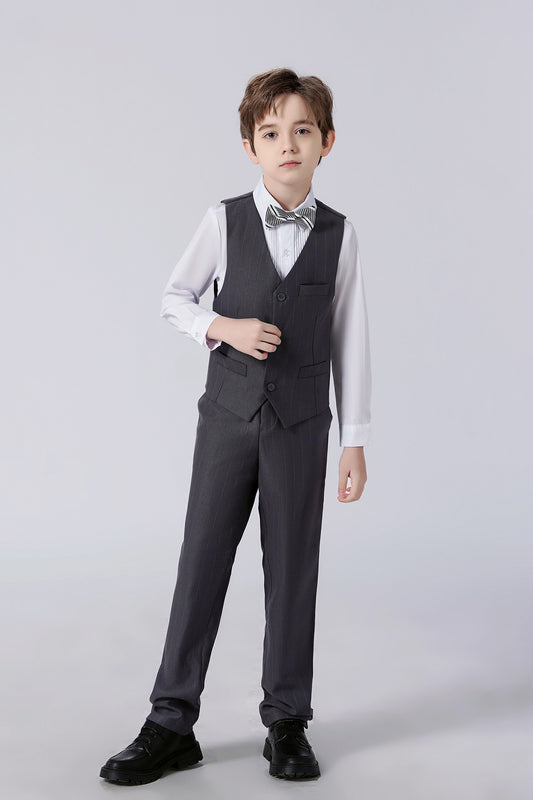 Grey Striped Slim Fit Modern 4 Piece Boy's Formal Suits With Vest+Pants+Shirt+Tie