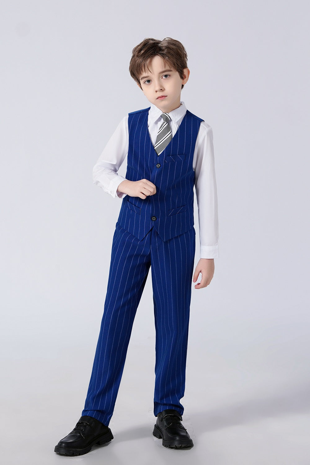 Royal Blue Striped Slim Fit Modern 4 Piece Boy's Formal Suits With Vest+Pants+Shirt+Tie