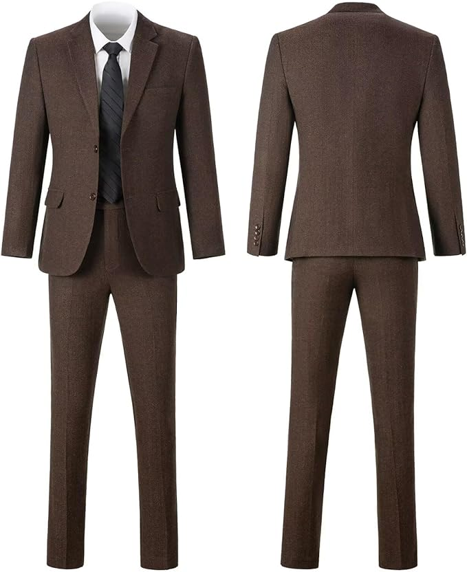 Retro Tweed Herringbone Slim Fit Notch Lapel Tuxedos Set Prom 3 Piece Men's Suit