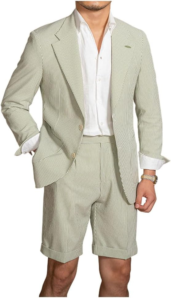 Casual Summer Lightweight Seersucker Suit Shorts Mens Set