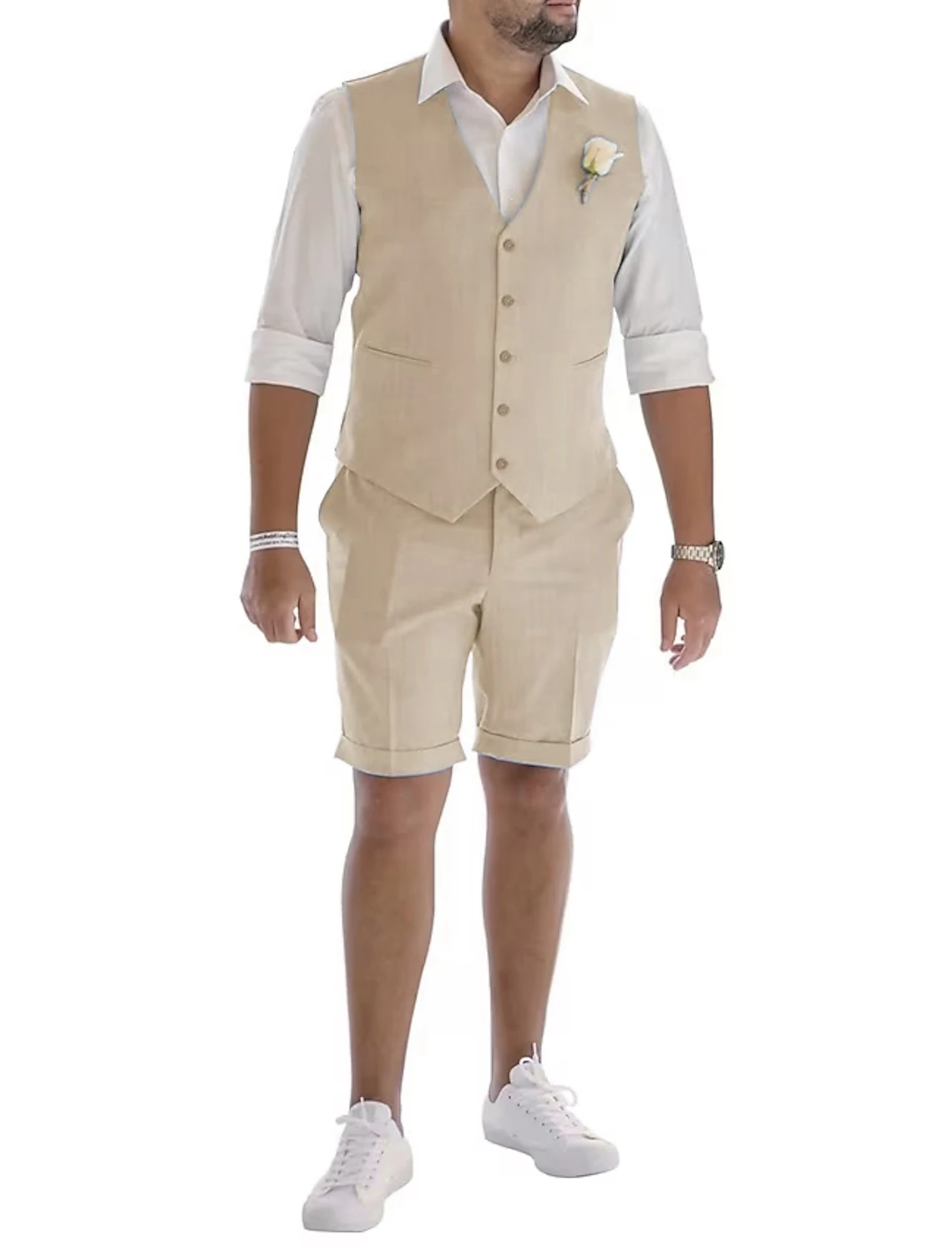 Men's Linen Summer Suits 2 Piece Causal Suits Vest and Shorts Tailored Fit 2024