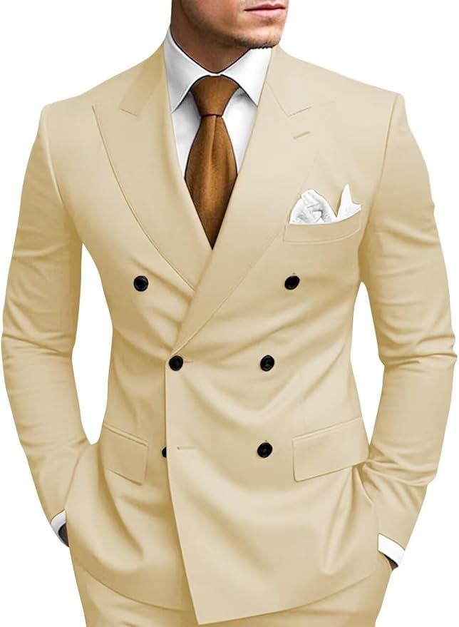 Double Breasted Peak Lapel 2 Piece Mens Slim Fit Suit