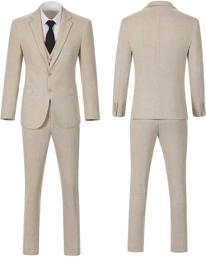 Retro Tweed Herringbone Slim Fit Notch Lapel Tuxedos Set Prom 3 Piece Men's Suit