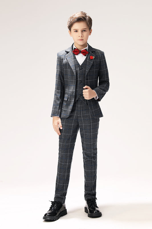 Dark Grey Plaid Elegant 5 Piece Boys Suits