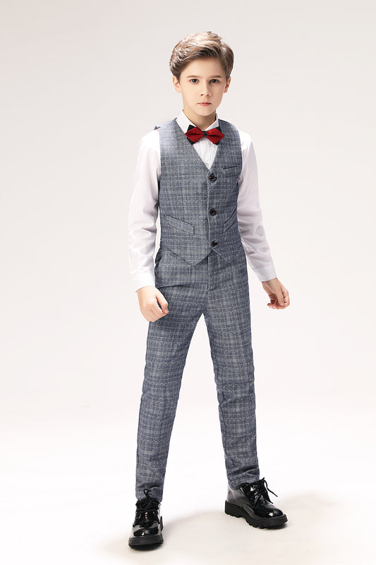 Grey Plaid Elegant 5 Piece Boys Suits