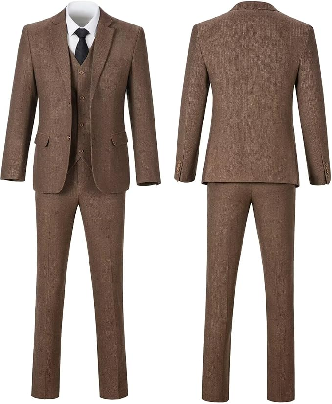 Retro Tweed Herringbone Slim Fit Notch Lapel Tuxedos Set Prom 3 Piece Men's Suit