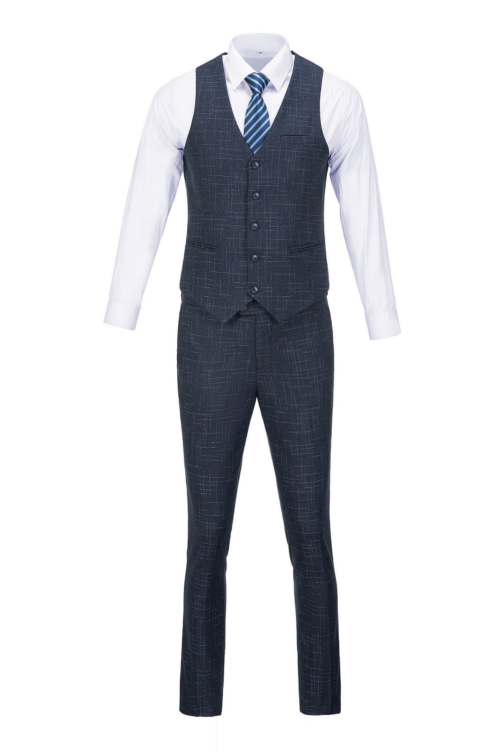 Navy Plaid Men's 3 Piece Slim Fit Suit Set Double Breasted Blazer Vest Pants for Party, Wedding and Business