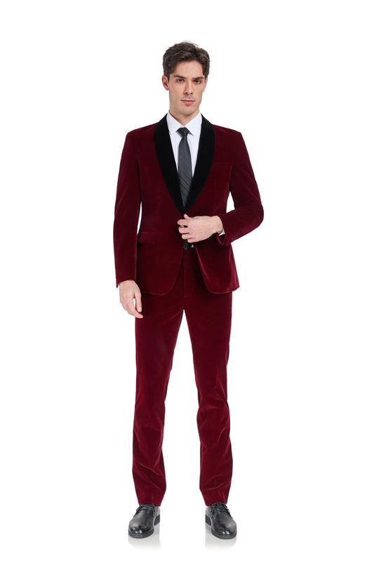 Front view of men's burgundy velvet 3 piece suit with black lapel – slim fit prom tuxedo style
