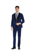 Load image into Gallery viewer, Front view of men's royal blue velvet 3 piece suit with black lapel – slim fit prom tuxedo

