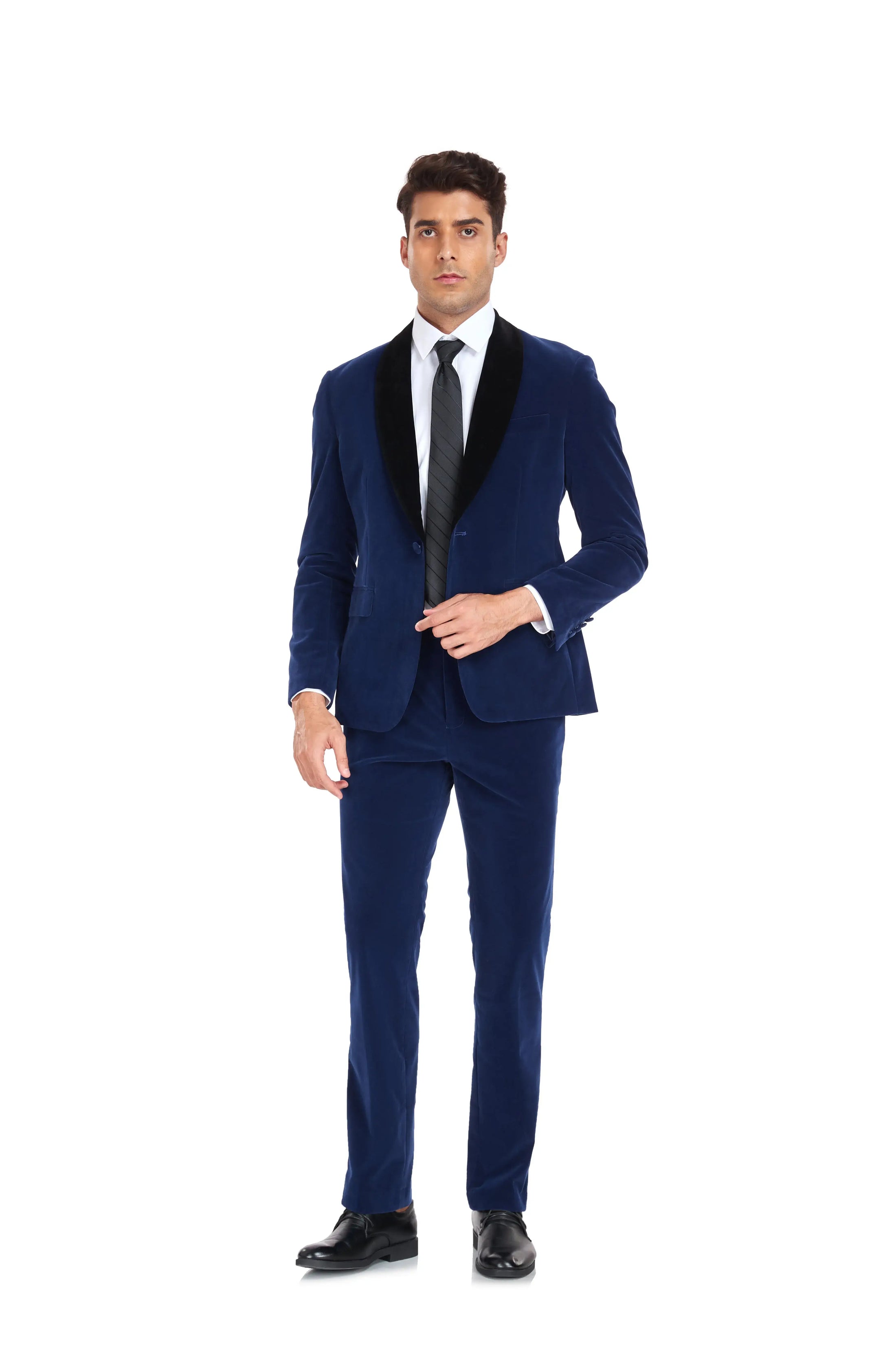 Front view of men's royal blue velvet 3 piece suit with black lapel – slim fit prom tuxedo