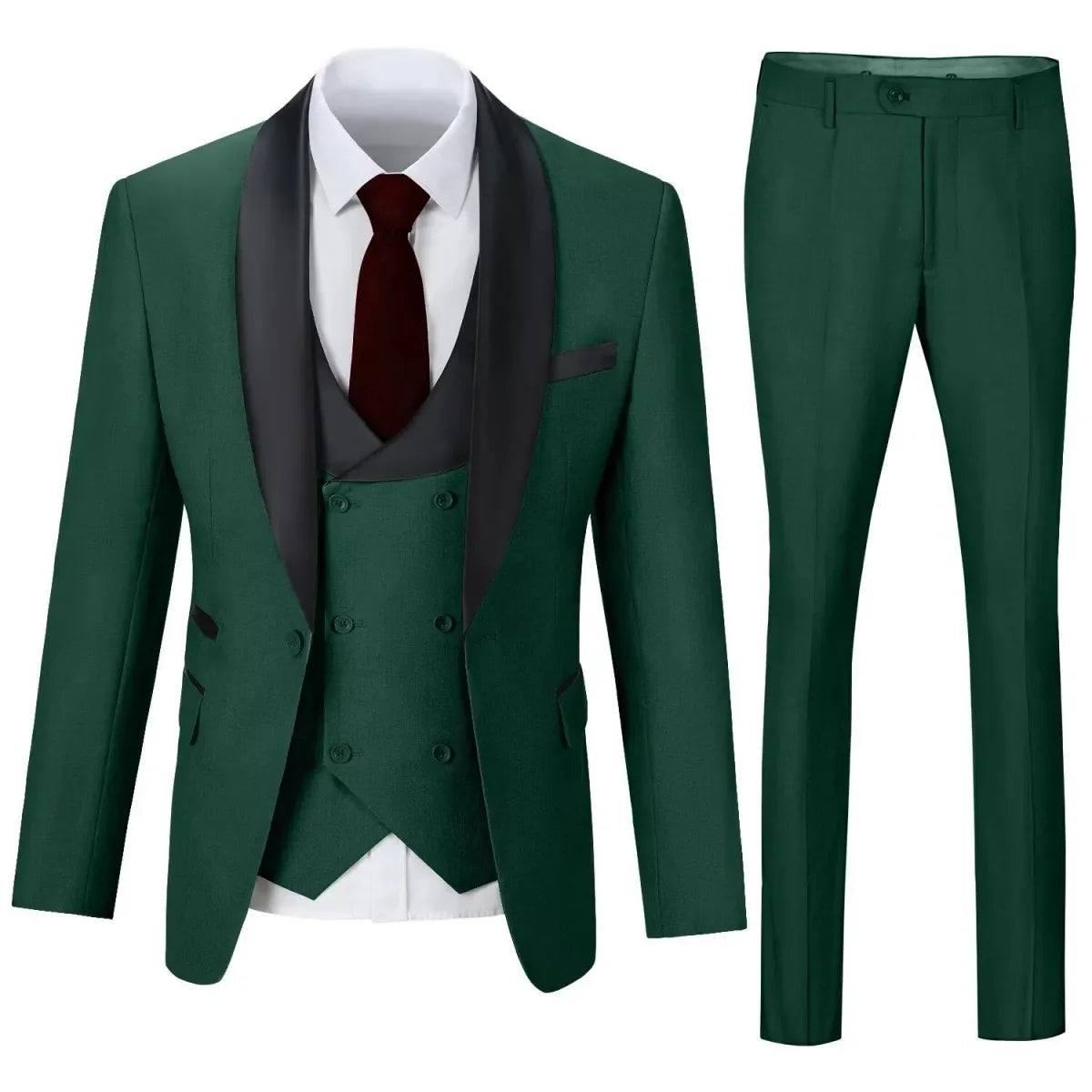 Green shawl collar 3 piece men's suit with tailored blazer, vest, and trousers – elegant wedding attire