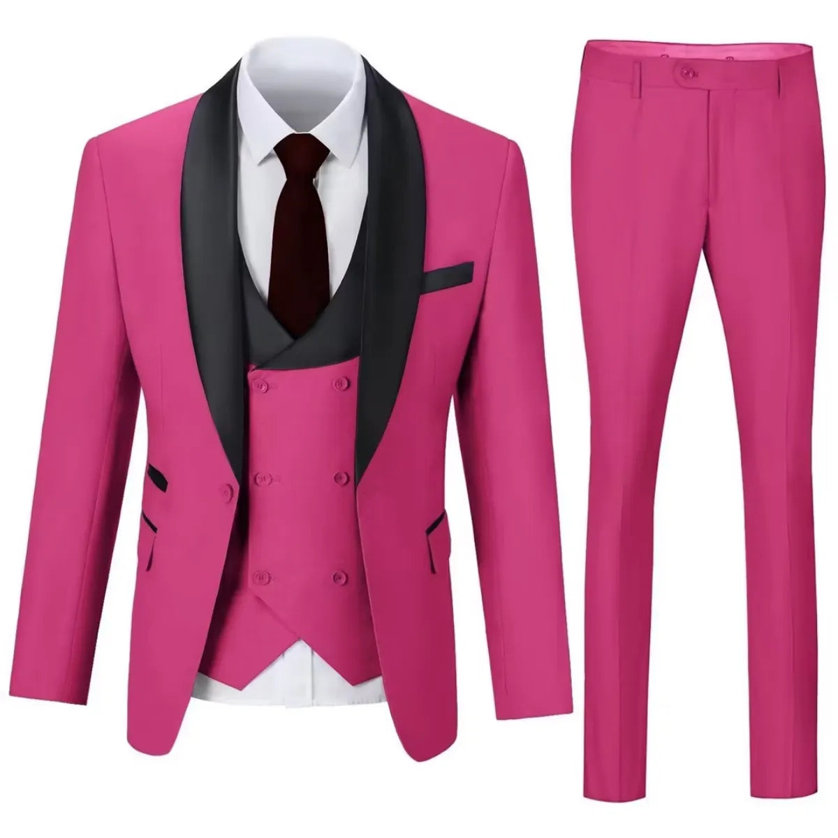 Men's hot pink 3 piece suit with shawl collar blazer and slim trousers – standout formal outfit