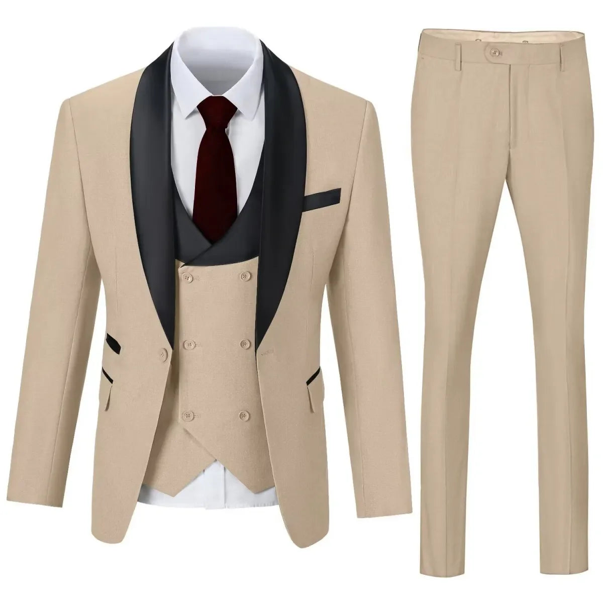 Khaki 3 piece men's suit with shawl collar blazer, vest, and trousers – tailored wedding and formal wear