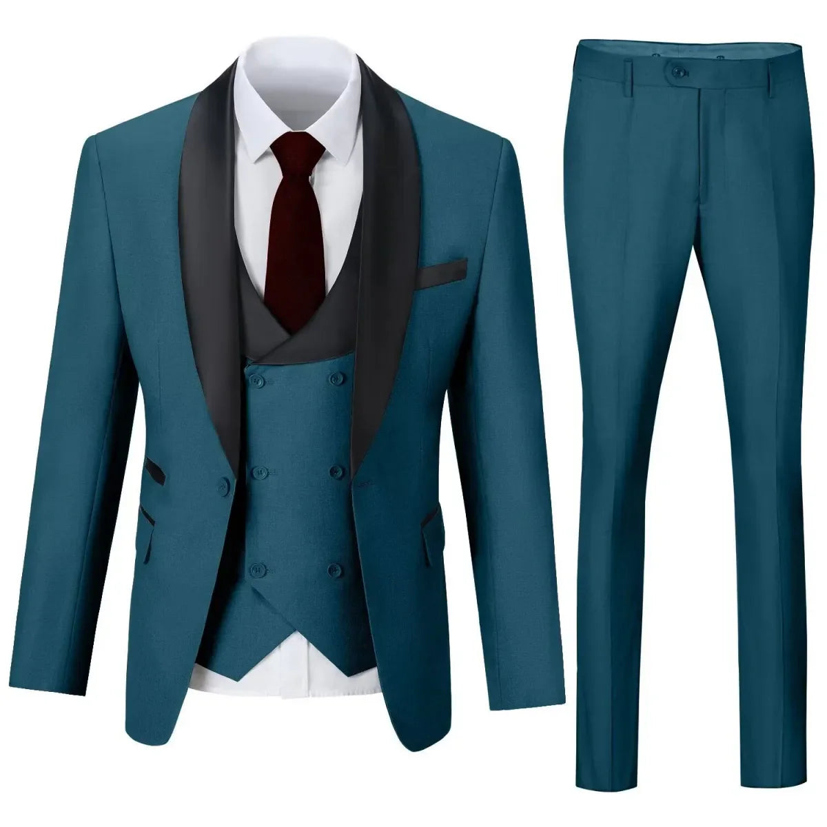 Men's lake blue 3 piece suit with shawl collar blazer and slim trousers – elegant formal outfit