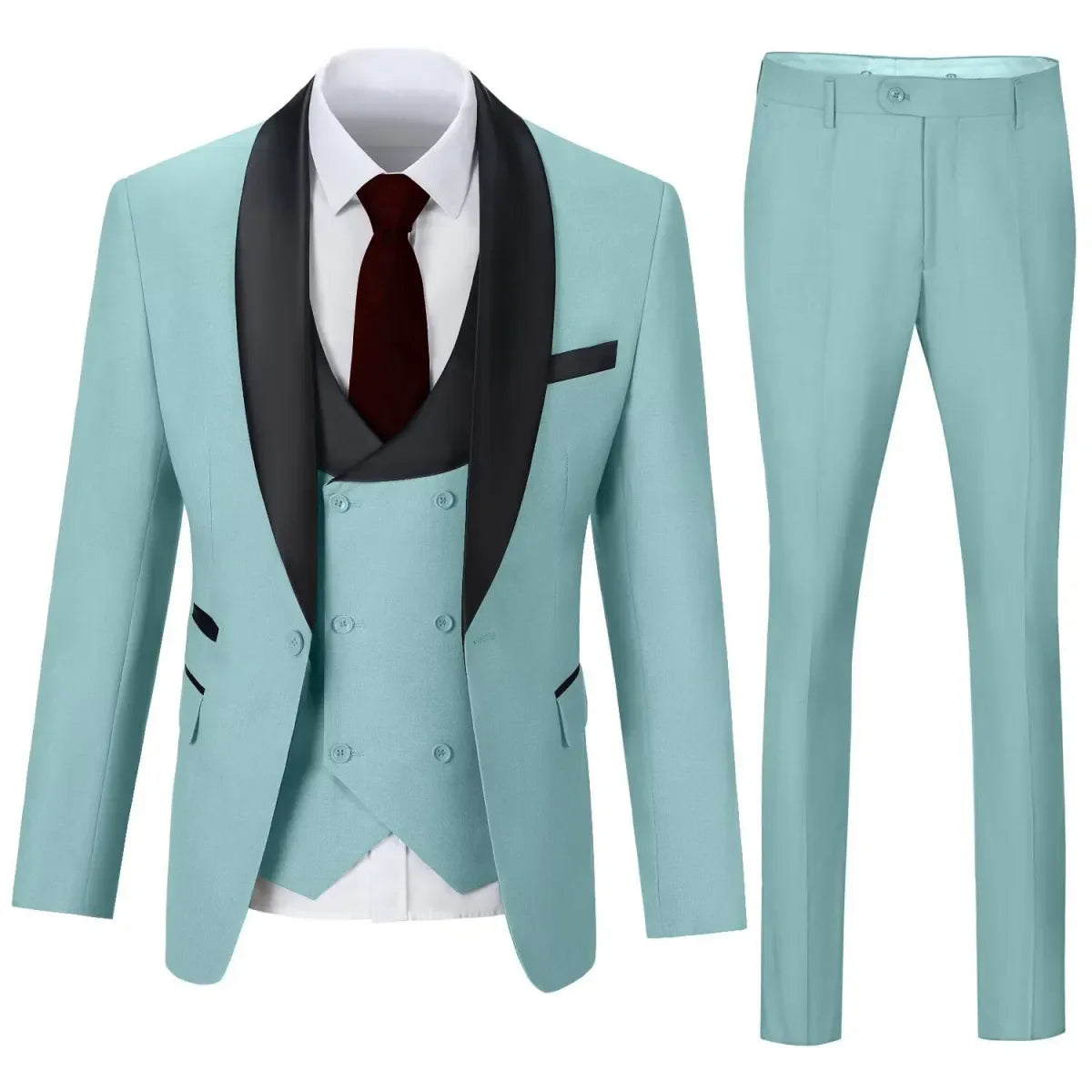 Mint green 3 piece men's suit with shawl collar blazer, vest, and trousers – fresh wedding attire