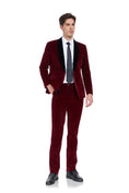 Load image into Gallery viewer, Modern burgundy velvet suit for men – slim fit 3 piece wedding attire with hands in pocket
