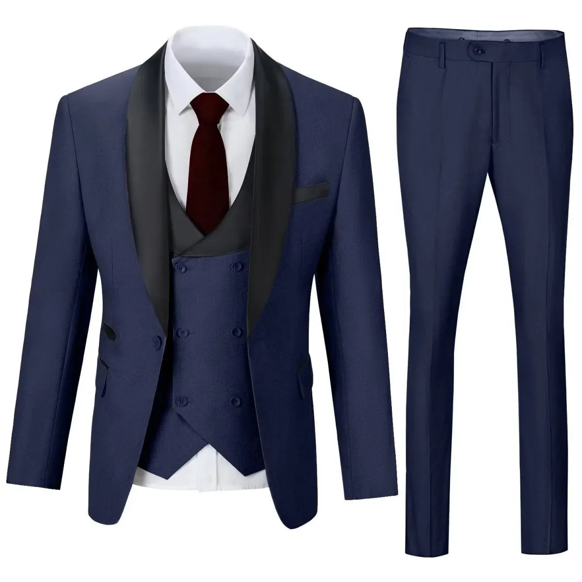 Navy shawl collar 3 piece men's suit with tailored blazer, vest, and trousers – wedding and formal look