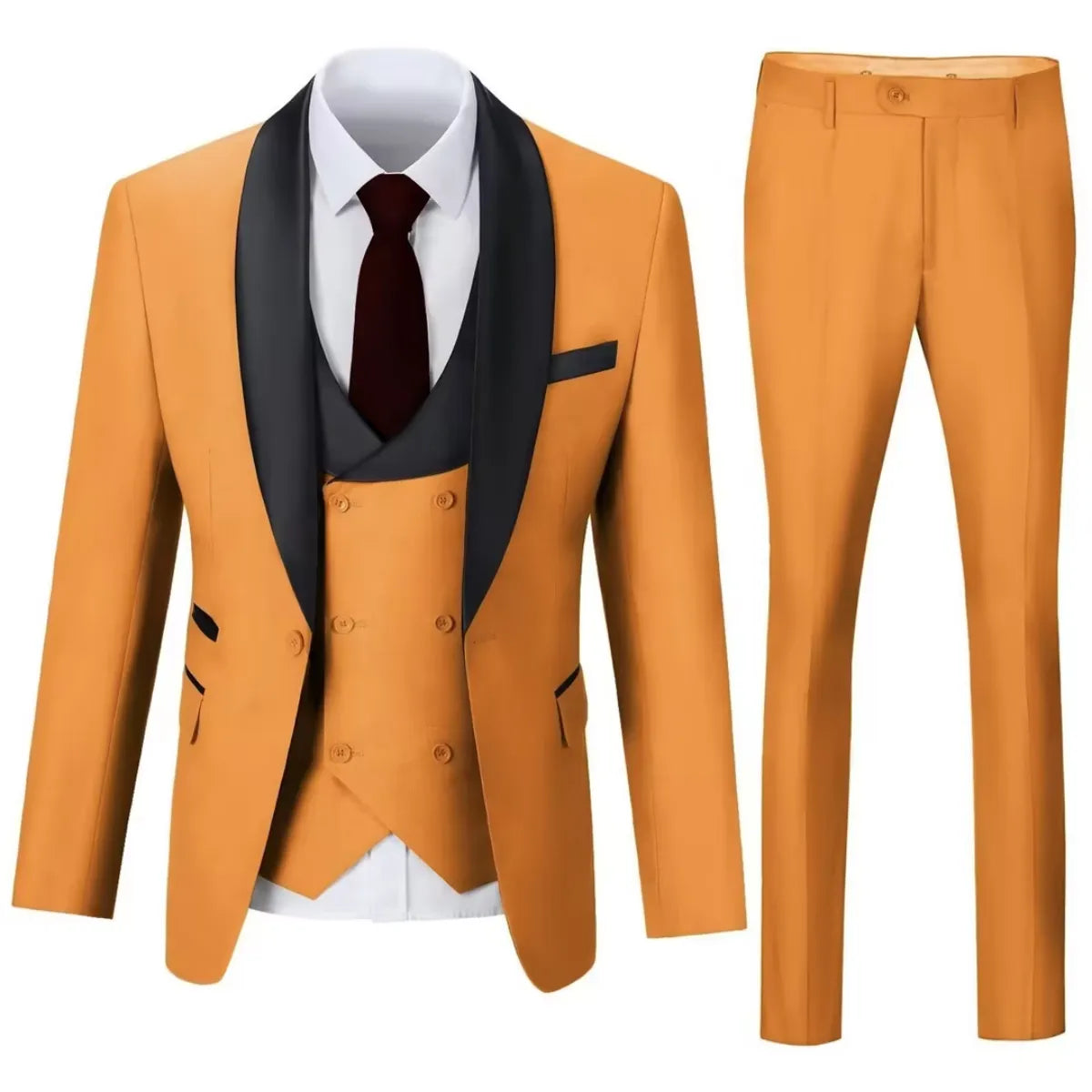 Orange 3 piece men's suit with shawl collar blazer, vest, and trousers – modern wedding outfit