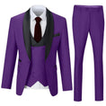 Load image into Gallery viewer, Purple shawl collar 3 piece men's suit with blazer, vest, and trousers – unique wedding style
