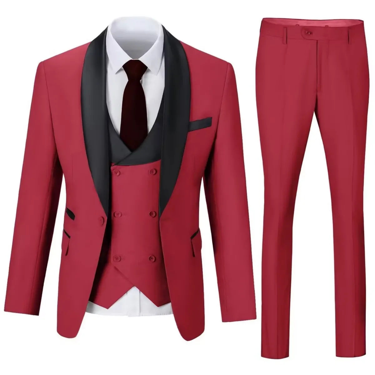 Men's red 3 piece suit with shawl collar blazer and slim trousers – striking formal attire