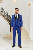 Load image into Gallery viewer, Royal blue shawl collar 3 piece men's suit full front view with blazer, vest, and trousers – wedding & formal style
