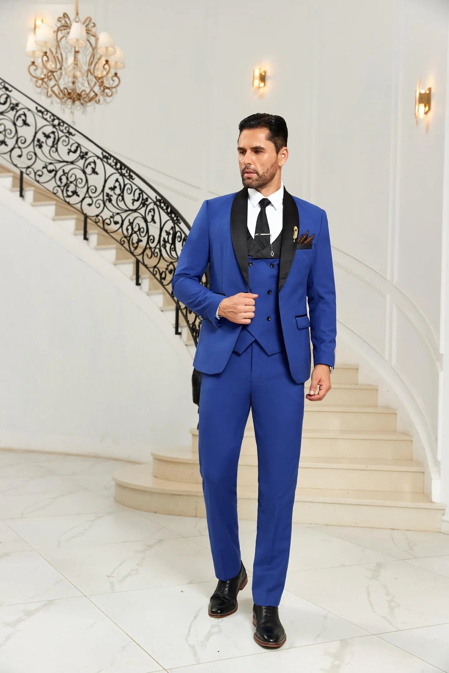 Royal blue shawl collar 3 piece men's suit side front view with formal styling – wedding blazer vest outfit