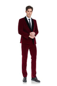 Load image into Gallery viewer, Side angle of men's burgundy velvet suit with black shawl collar – full outfit formal wear

