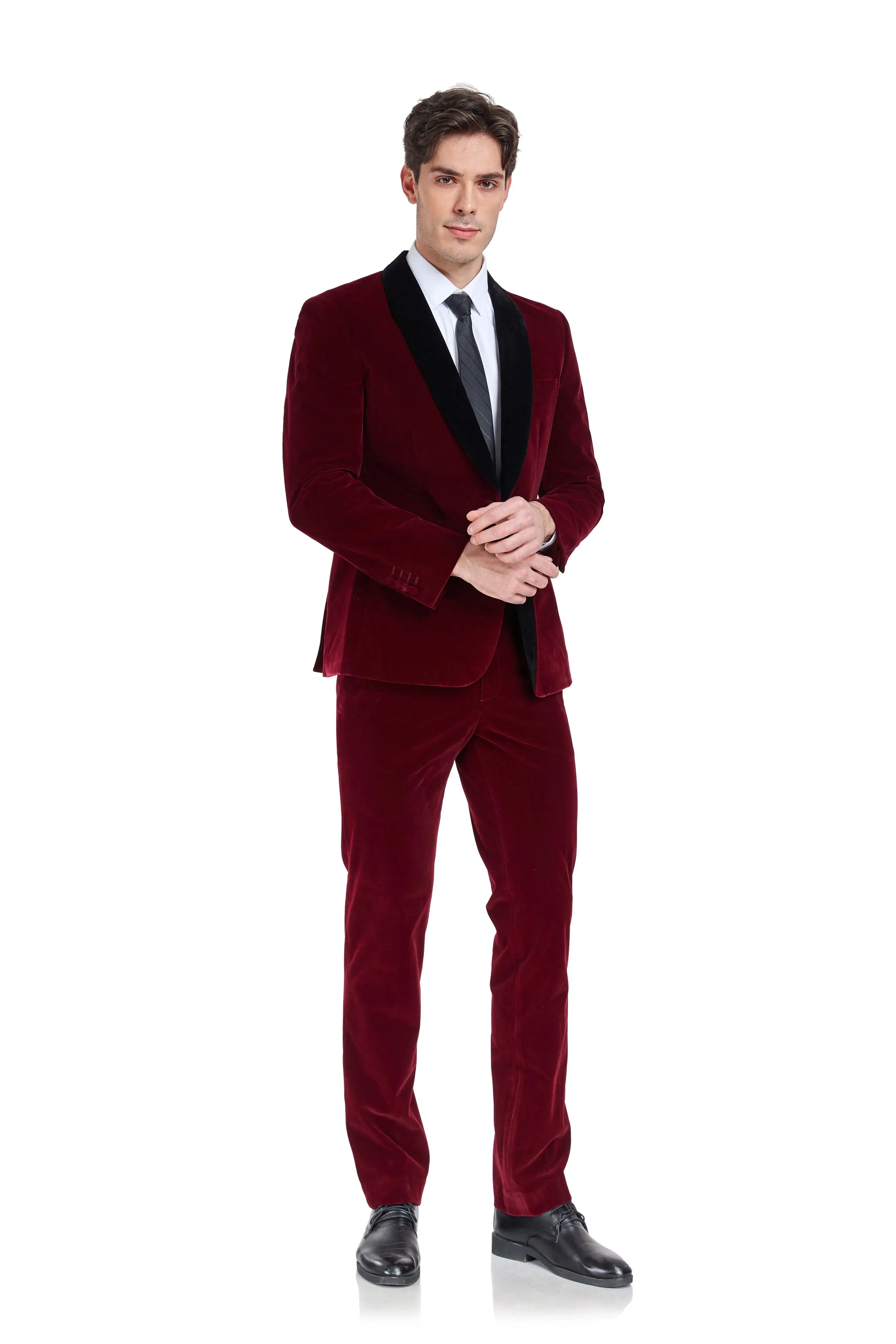 Side angle of men's burgundy velvet suit with black shawl collar – full outfit formal wear