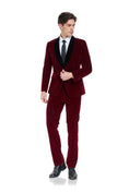 Load image into Gallery viewer, Walking pose in slim fit burgundy velvet 3 piece suit for men – prom tuxedo design

