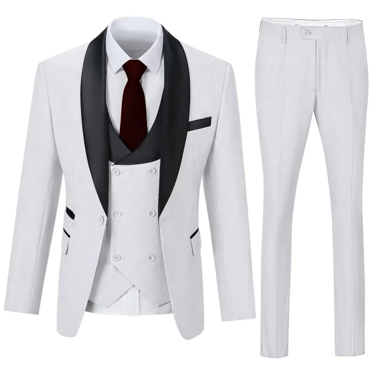 Men's white 3 piece suit with shawl collar blazer and slim trousers – elegant formal look