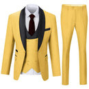 Men's yellow 3 piece suit with shawl collar blazer and slim trousers – stylish formal outfit