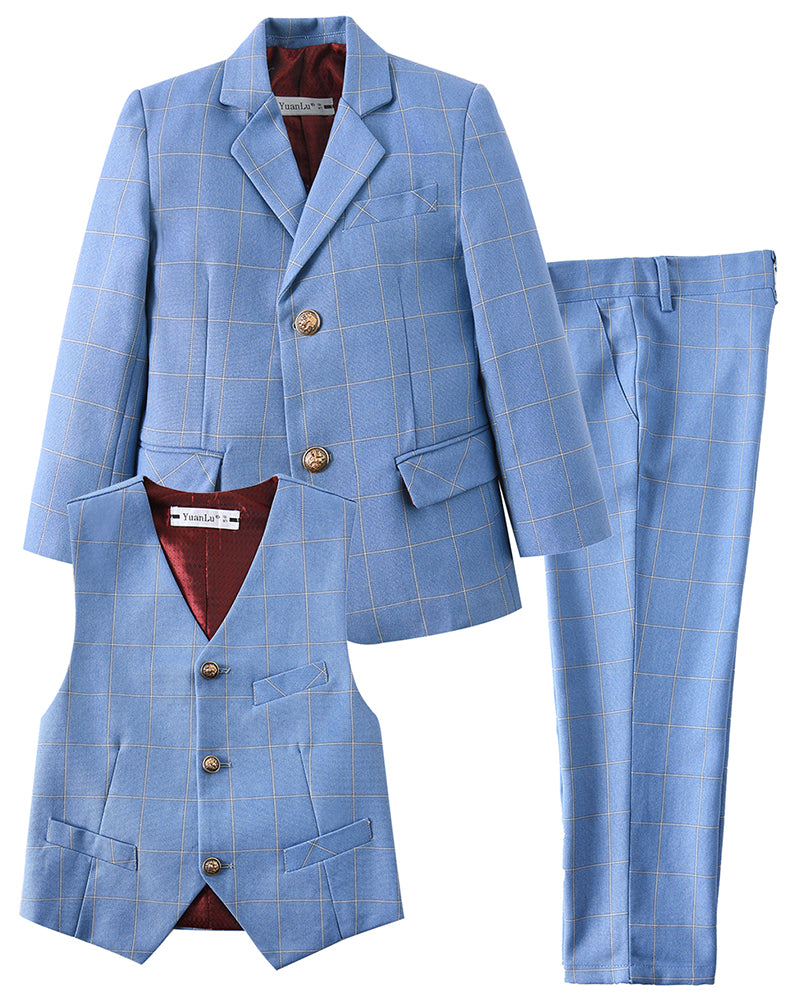 Plaid Blue 3 Piece Kids Boys' Formal Blazer Vest and Pants Dress Suits Set