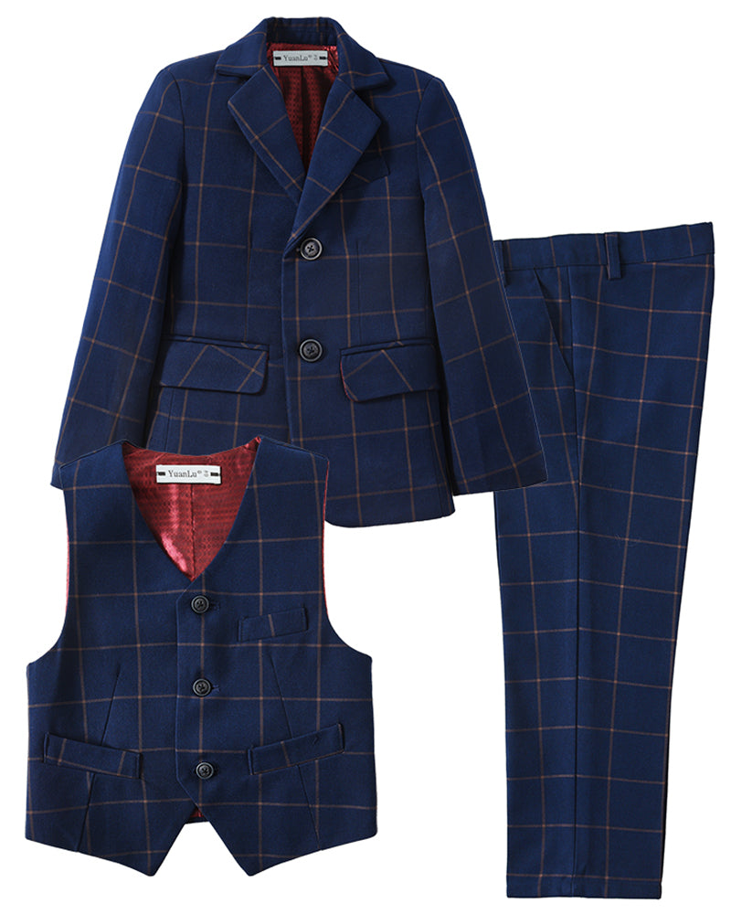 Plaid Navy 3 Piece Kids Boys' Formal Blazer Vest and Pants Dress Suits Set