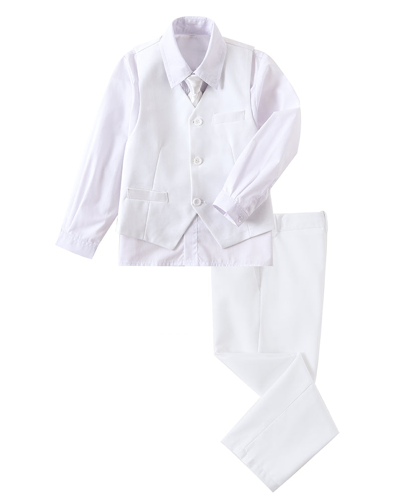 White 4 Piece Boys' Formal Suit Set with Vest Pants Dress Shirt and Tie BS50